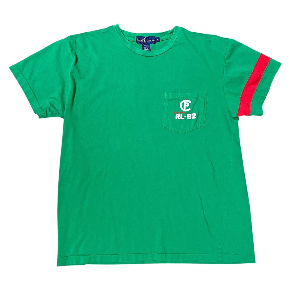 Vintage 90s Ralph Lauren RL-92 Green Cotton T-Shirt with Red Stripe, Size M